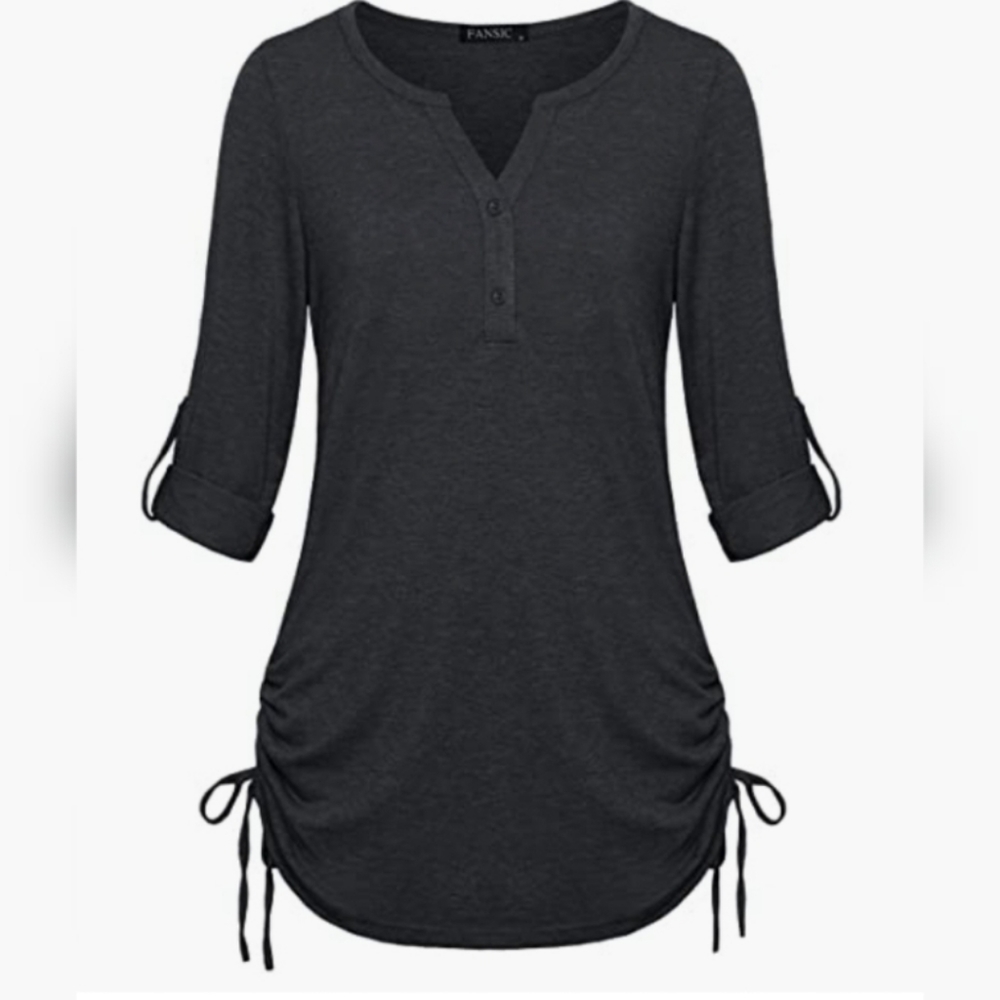 Women's top 3/4 sleeve, can unbutton for long sleeve, ruched sides. Dark gray LG